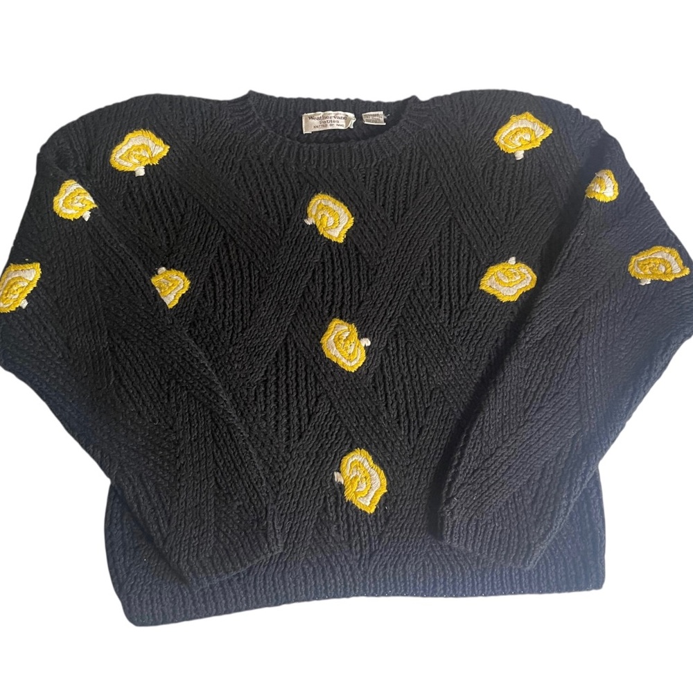 VTG Weathervane Hand Knitted Black Chunky Cable Knit Sweater Embroider Medium P